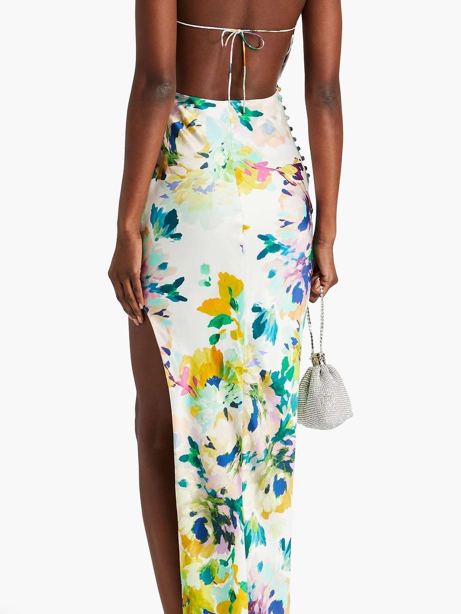 catalina draped floral-print silk-satin halterneck gown