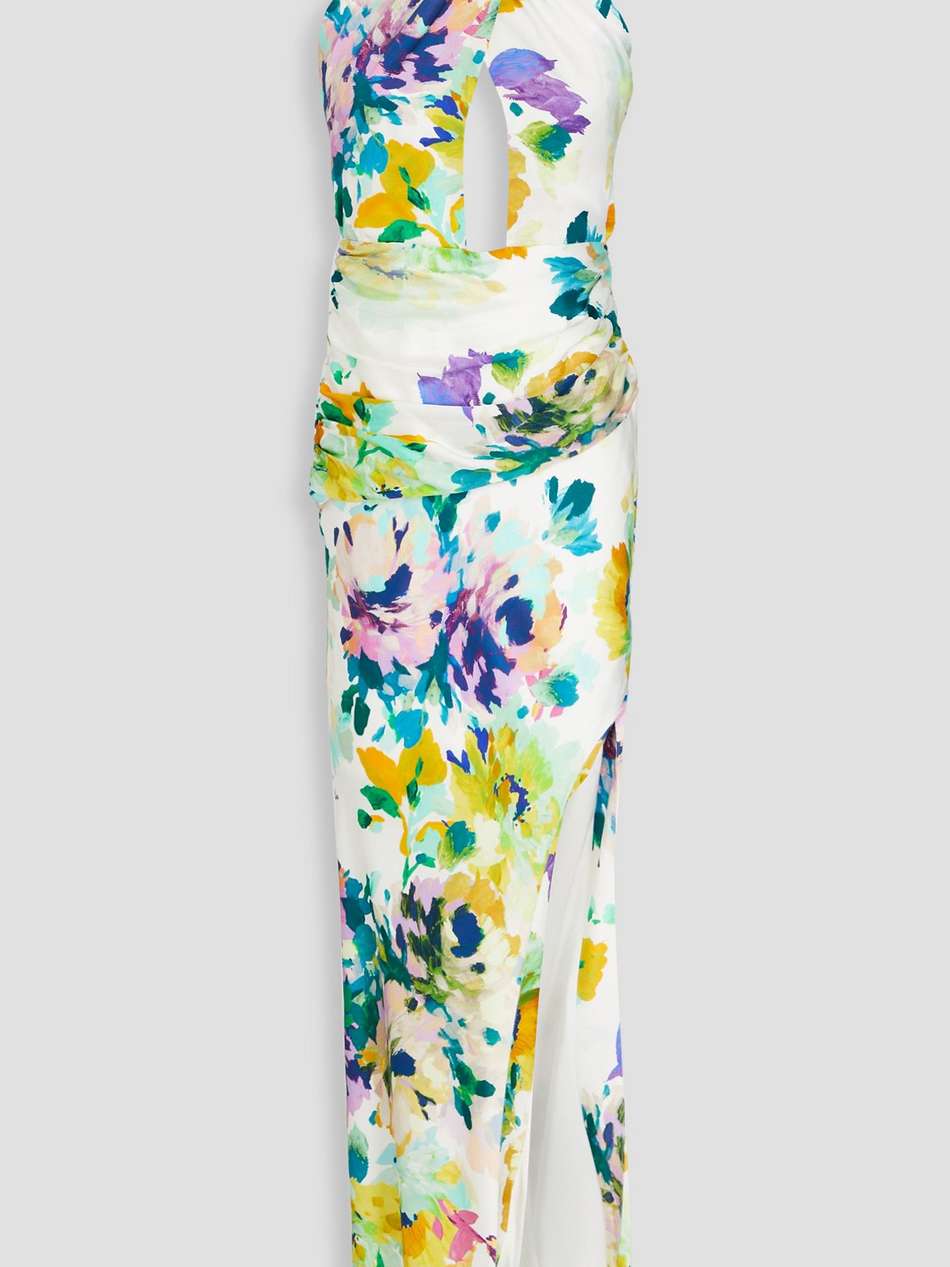 catalina draped floral-print silk-satin halterneck gown