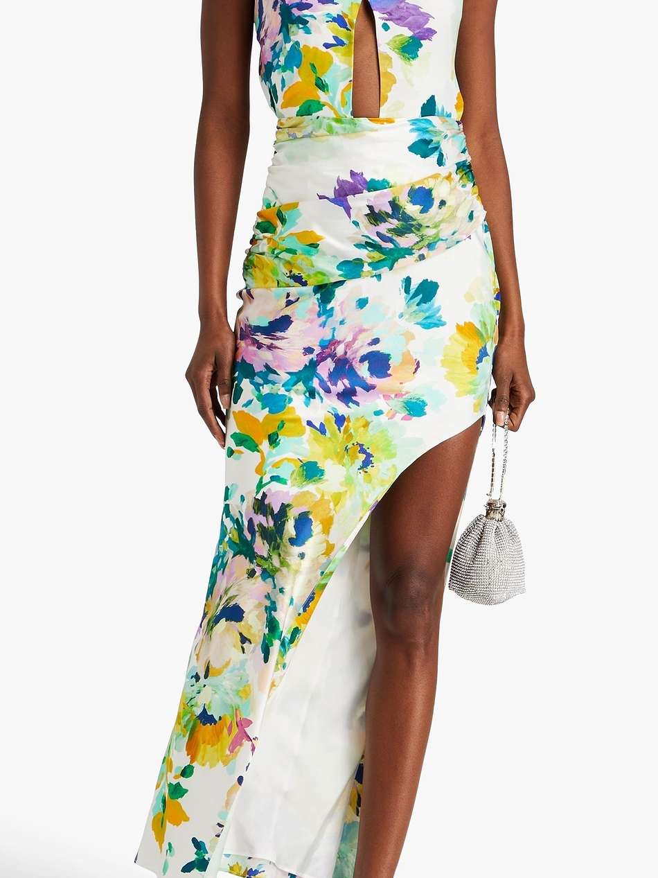 catalina draped floral-print silk-satin halterneck gown