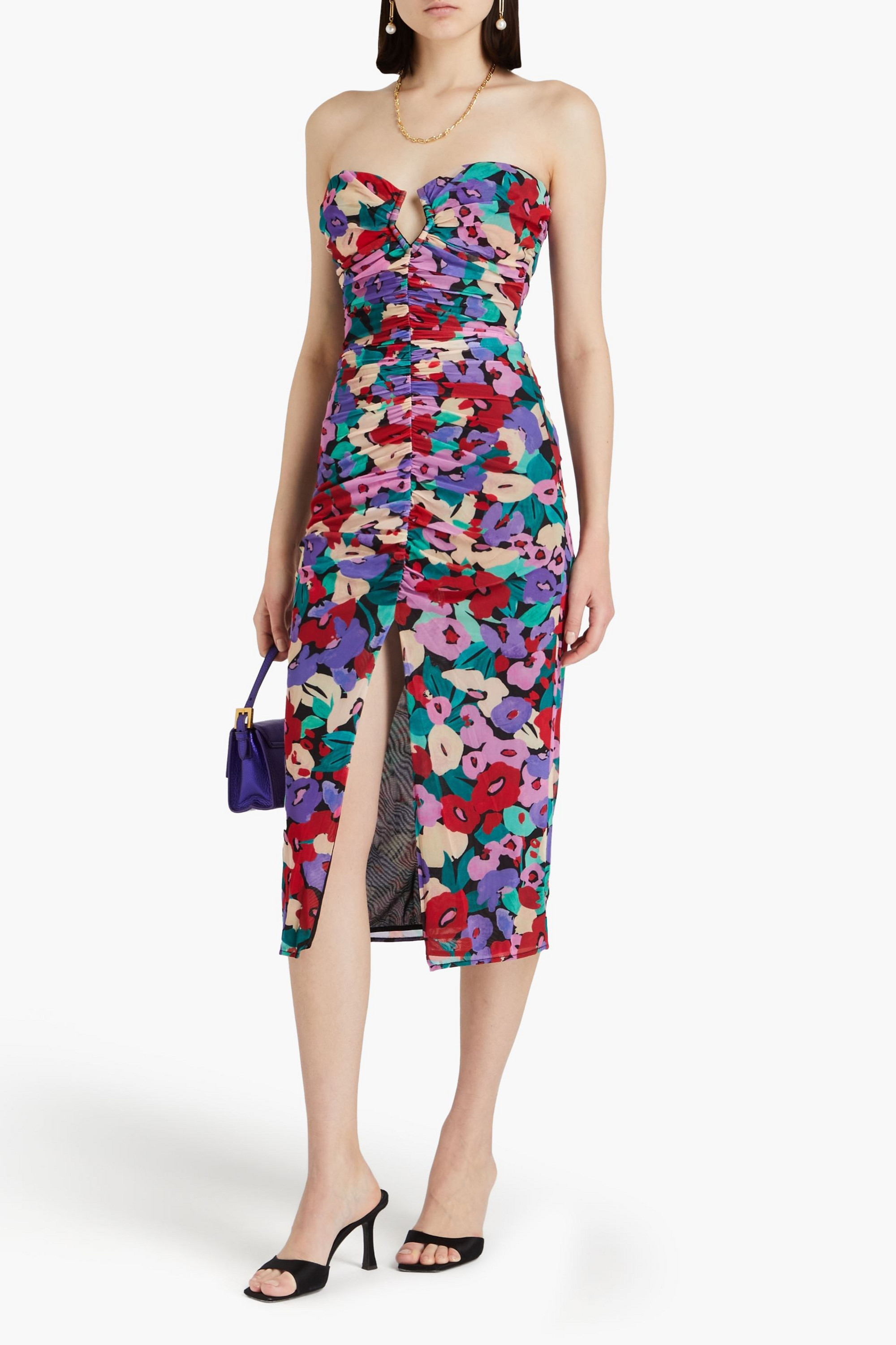 NICHOLAS Strapless floral-print stretch-mesh midi dress