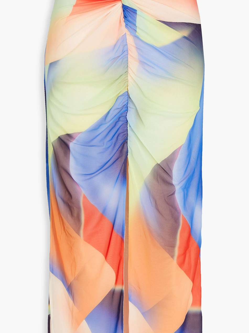 printed ruched stretch-mesh midi skirt