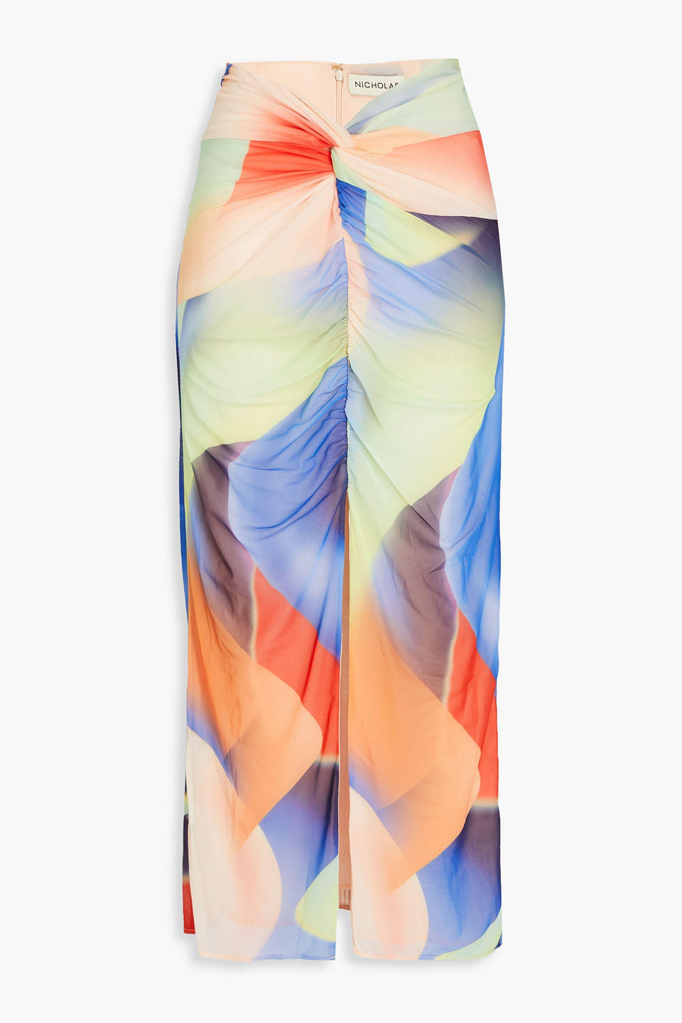 Nicholas Monroe Printed Ruched Stretch-mesh Midi Skirt In Multicolor