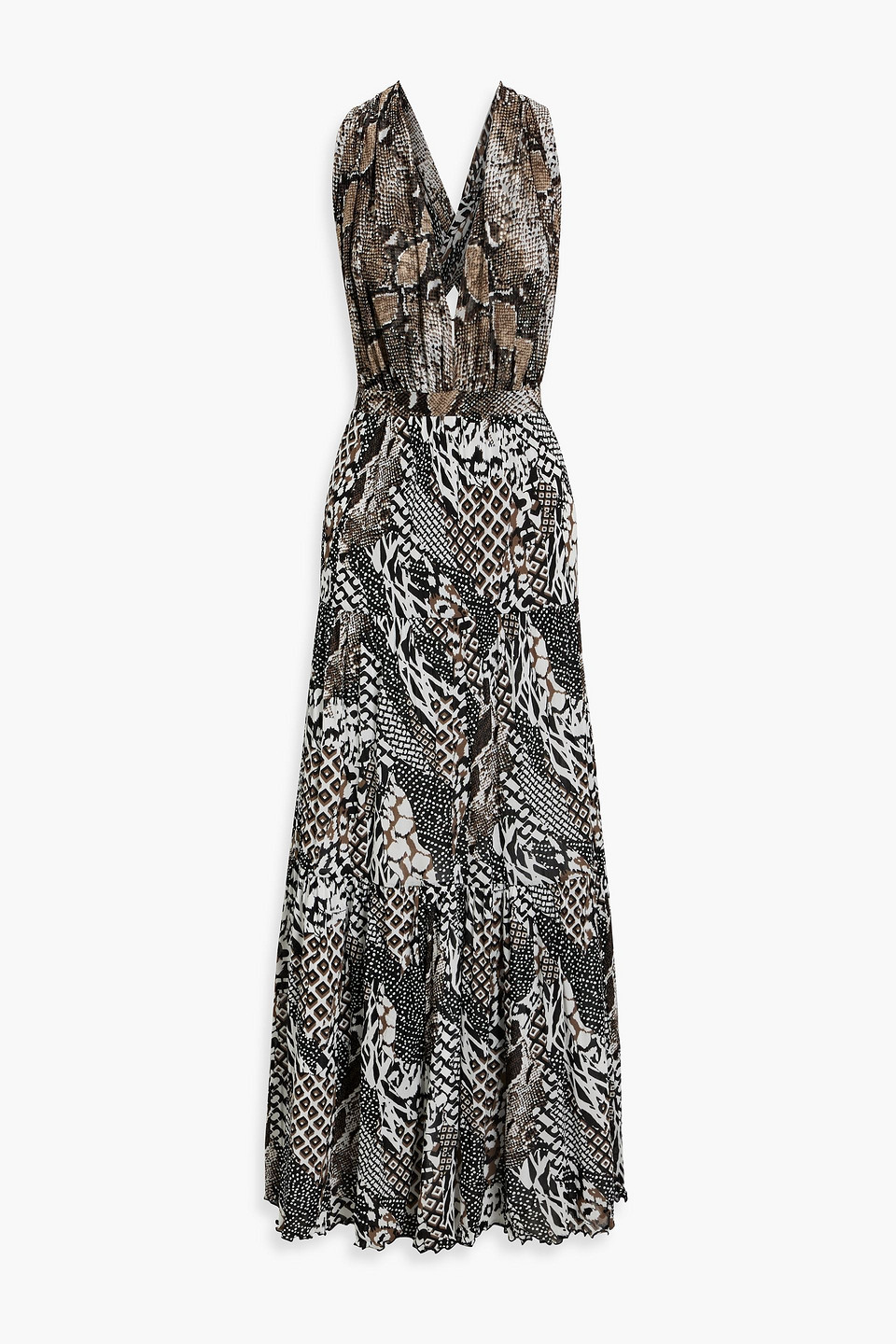 Drew tiered snake-print mesh maxi dress
