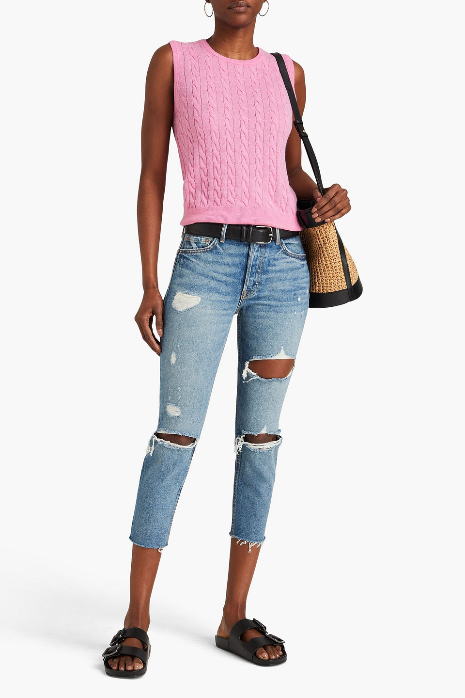 Shop Grlfrnd Karolina Petite Distressed High-rise Slim-leg Jeans In Light Denim