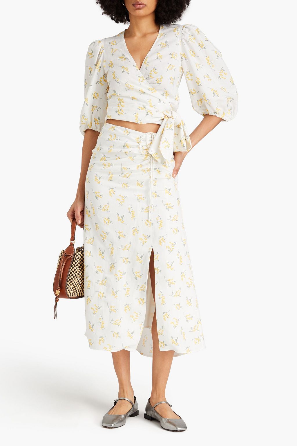 CLAUDIE PIERLOT クレープ クロップド ラップトップス フローラルプリント