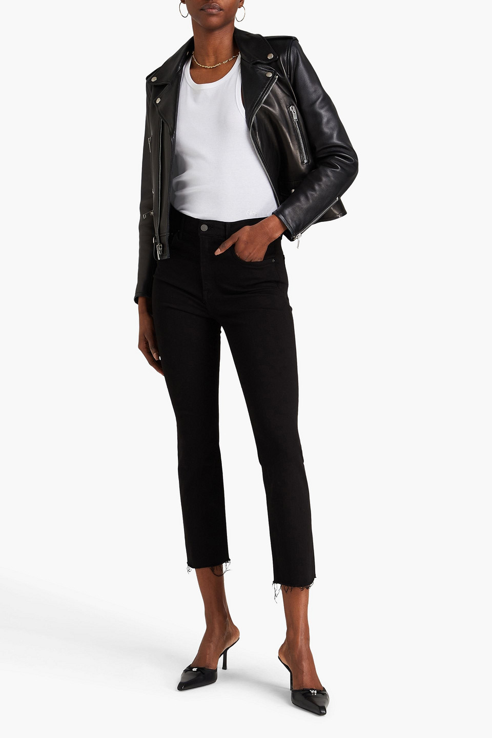 Shop Grlfrnd Frayed Cropped High-rise Slim-leg Jeans In Black