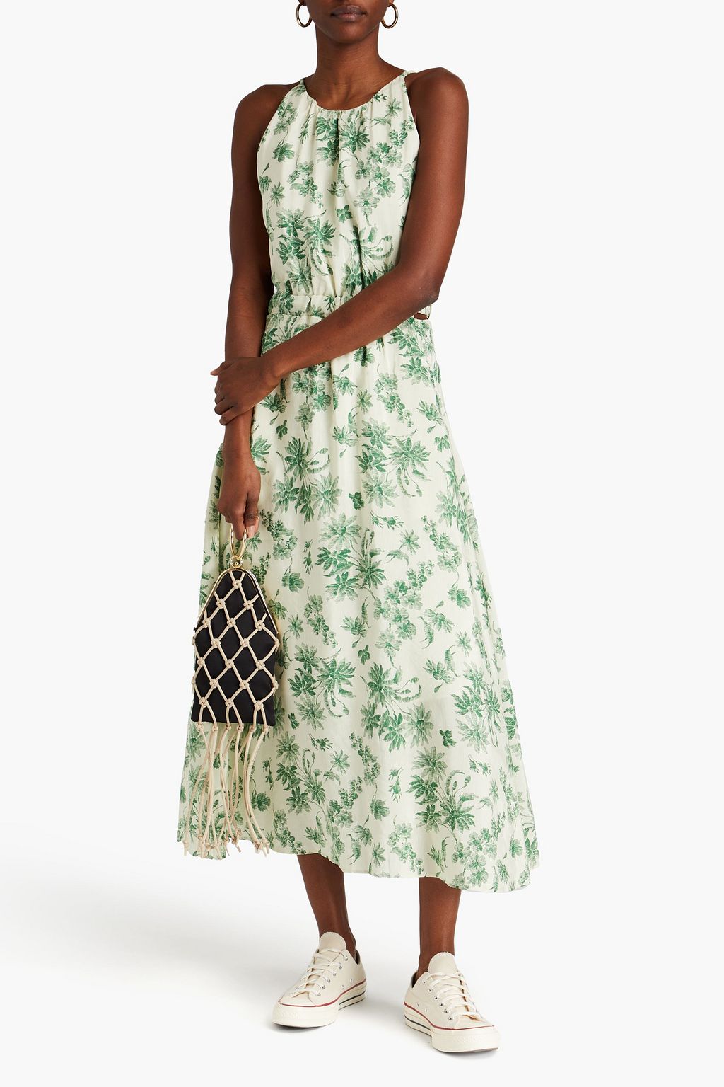 SANDRO Printed linen-blend midi dress