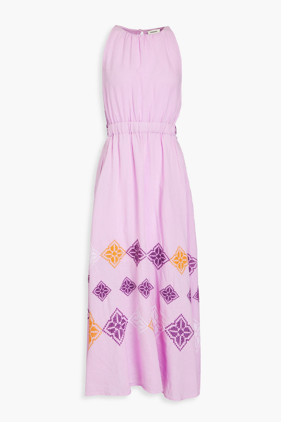Sandro Embroidered Linen-gauze Midi Dress In Pink | ModeSens