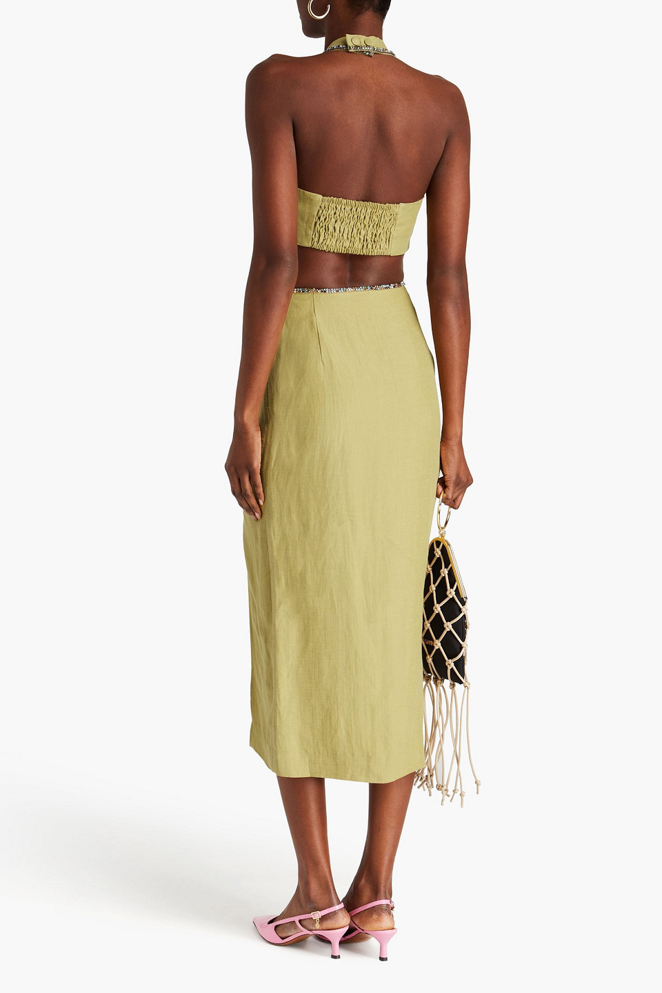 Sandro Vedis Cropped Embellished Cutout Slub Woven Halterneck Top In Salbeigrün