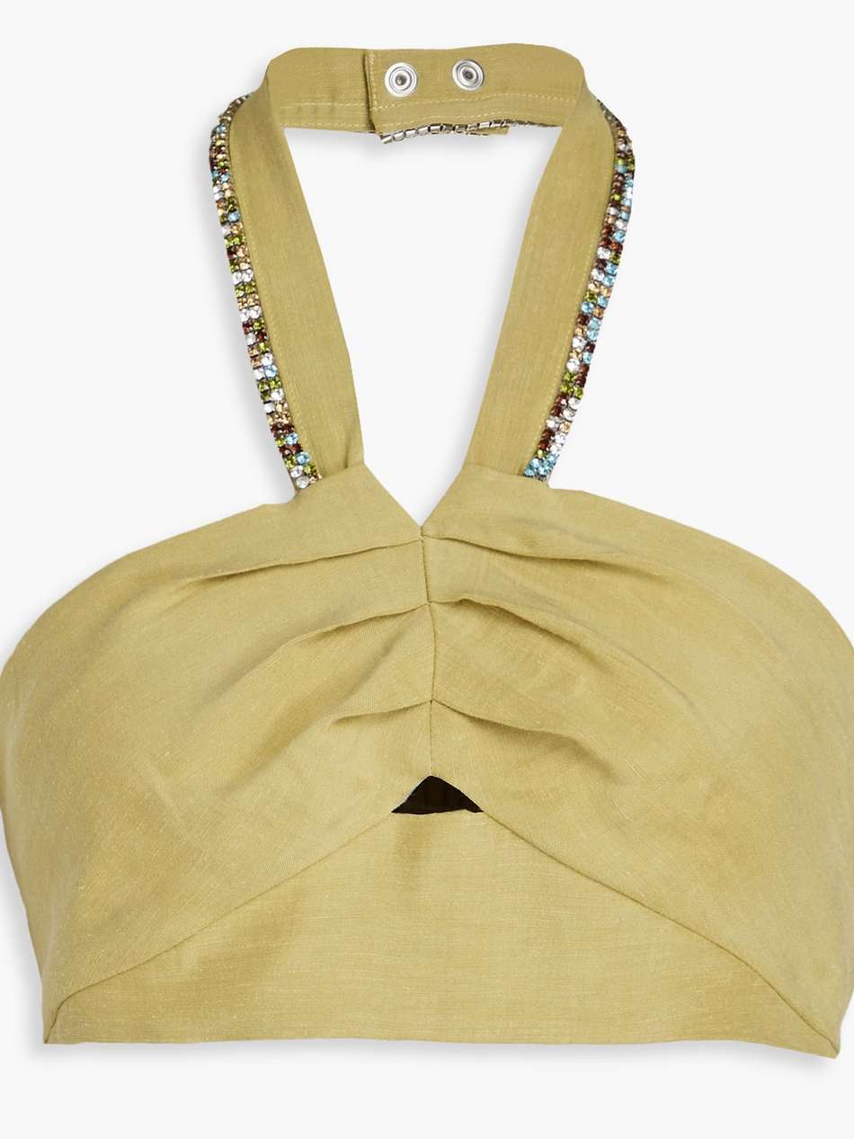 cropped crystal-embellished woven halterneck top