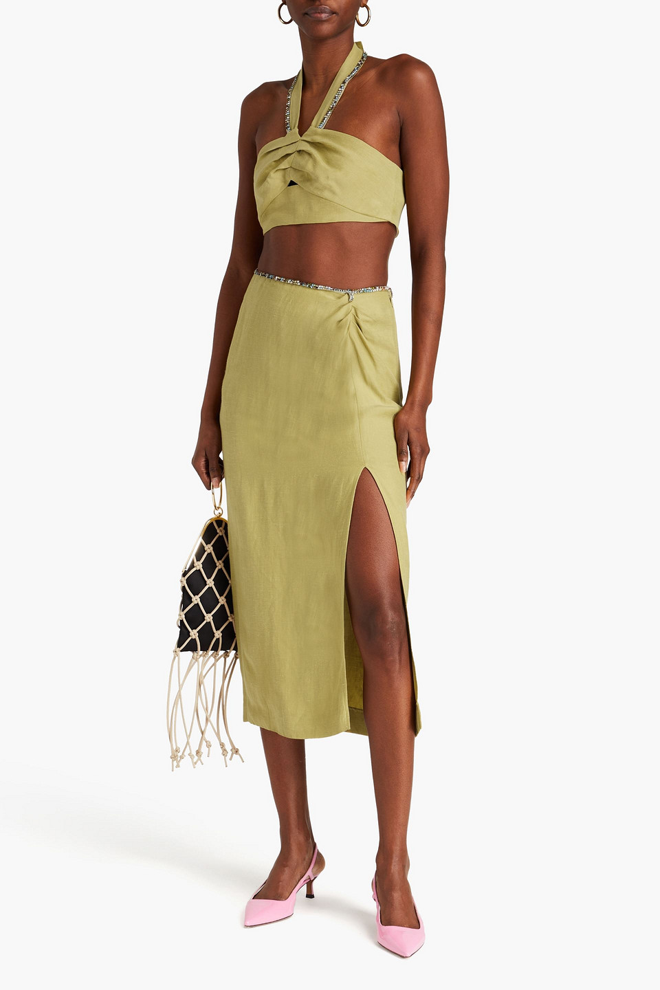 Sandro Vedis Cropped Embellished Cutout Slub Woven Halterneck Top In Salbeigrün