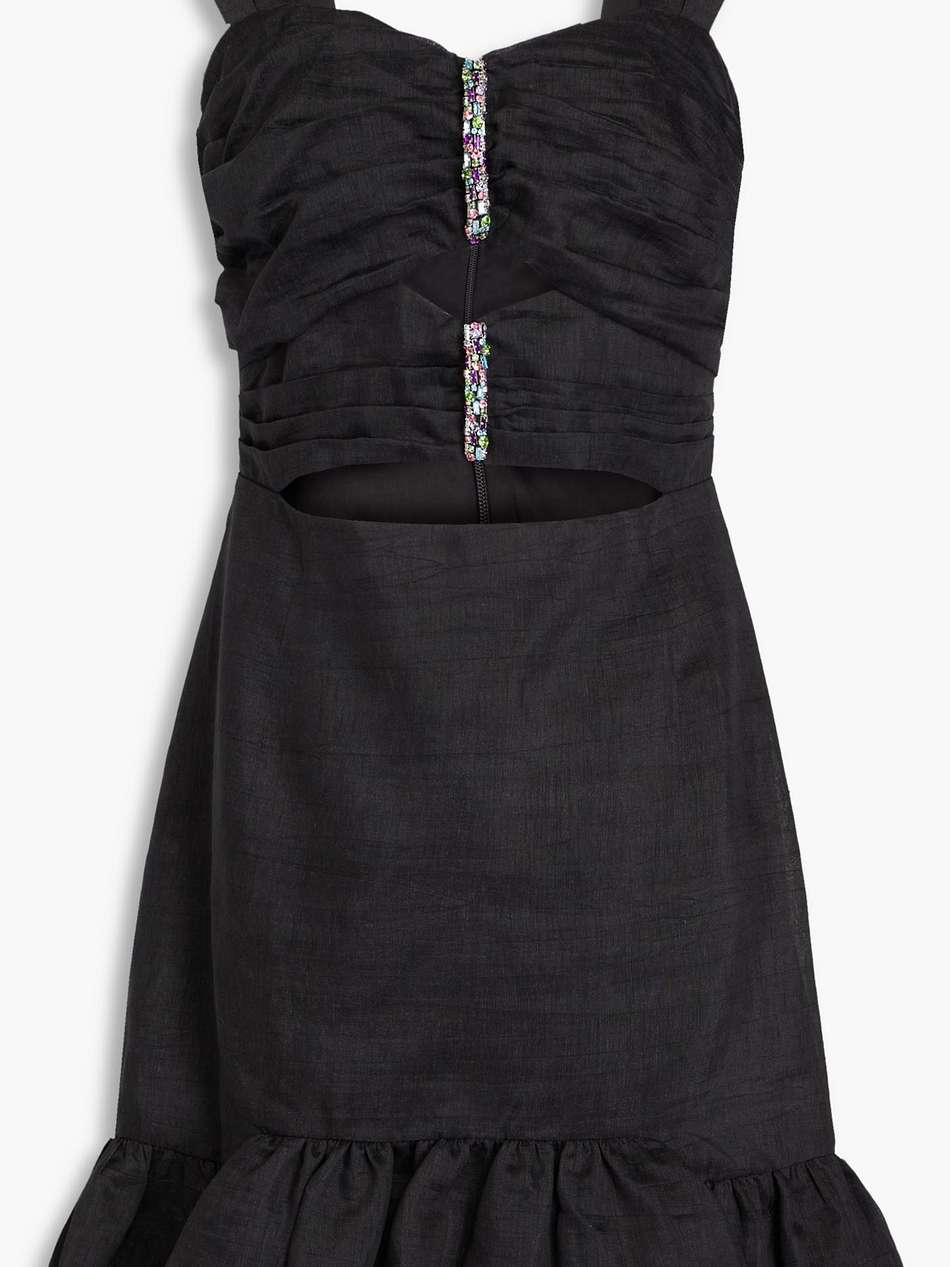 crystal-embellished cutout linen-blend mini dress