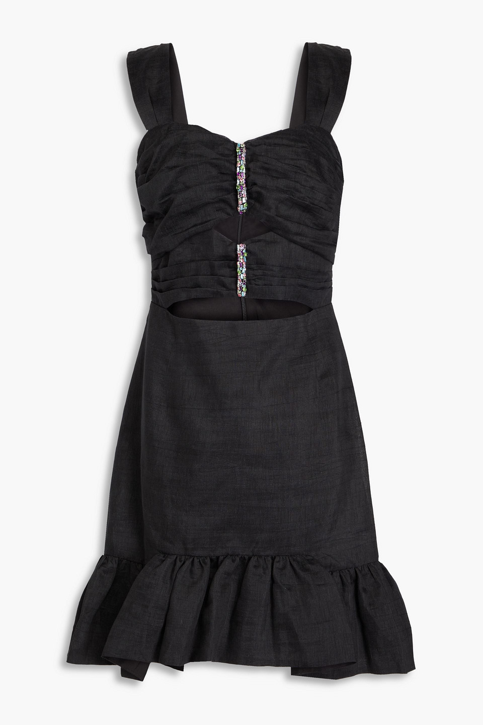 Sandro Rubis Crystal-embellished Cutout Linen-blend Mini Dress In Black