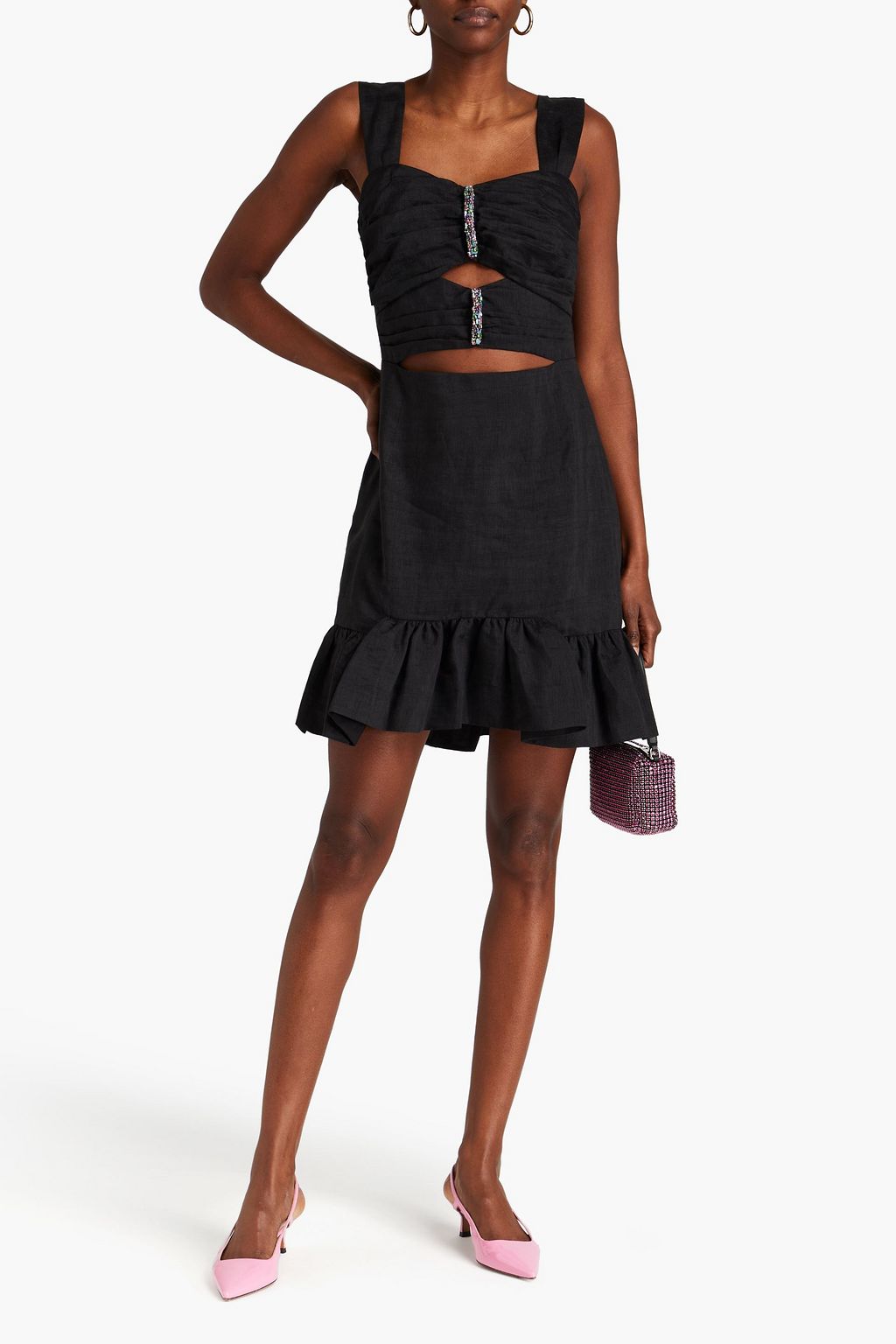 SANDRO Crystal-embellished cutout linen-blend mini dress