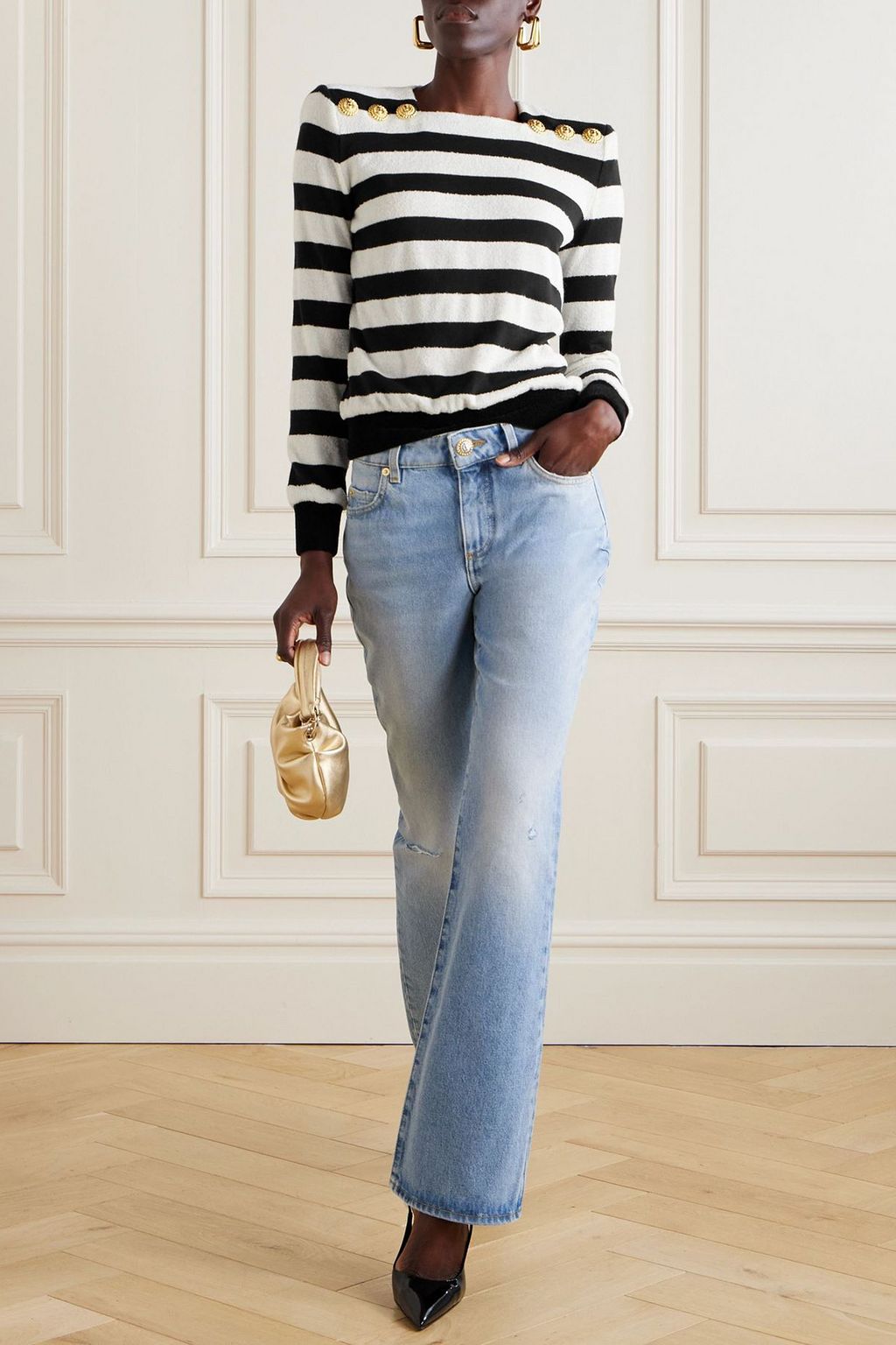 BALMAIN Button-embellished striped bouclé top