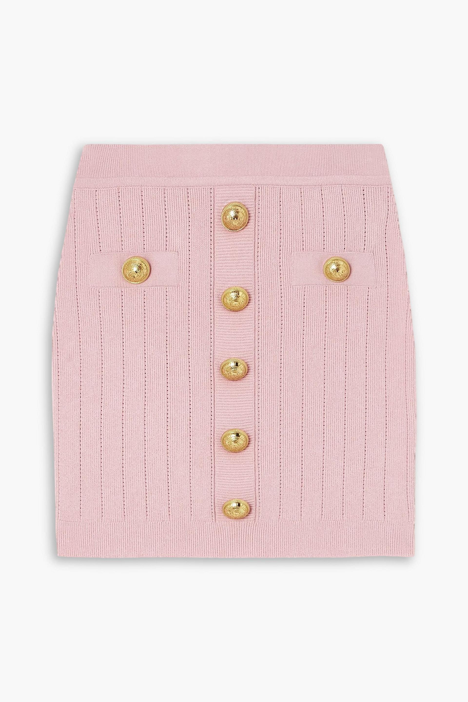 Balmain Button-embellished Ribbed-knit Mini Skirt In Pink