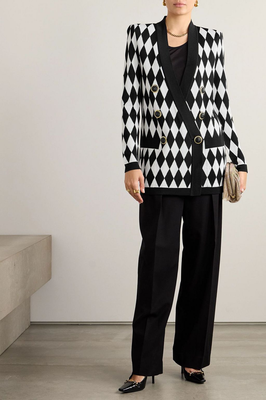 BALMAIN Double-breasted argyle jacquard-knit blazer