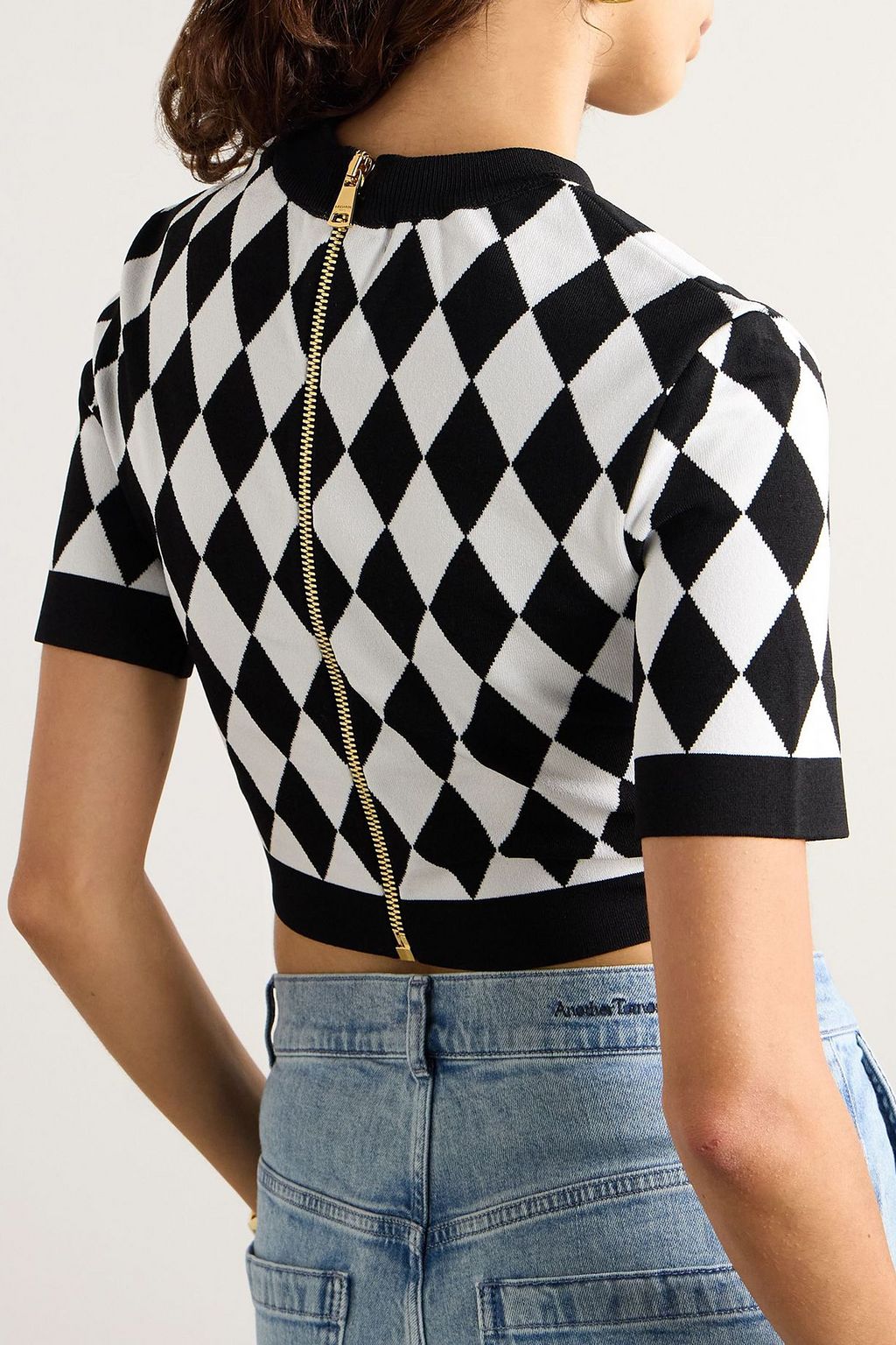 BALMAIN Cropped button-embellished jacquard-knit top