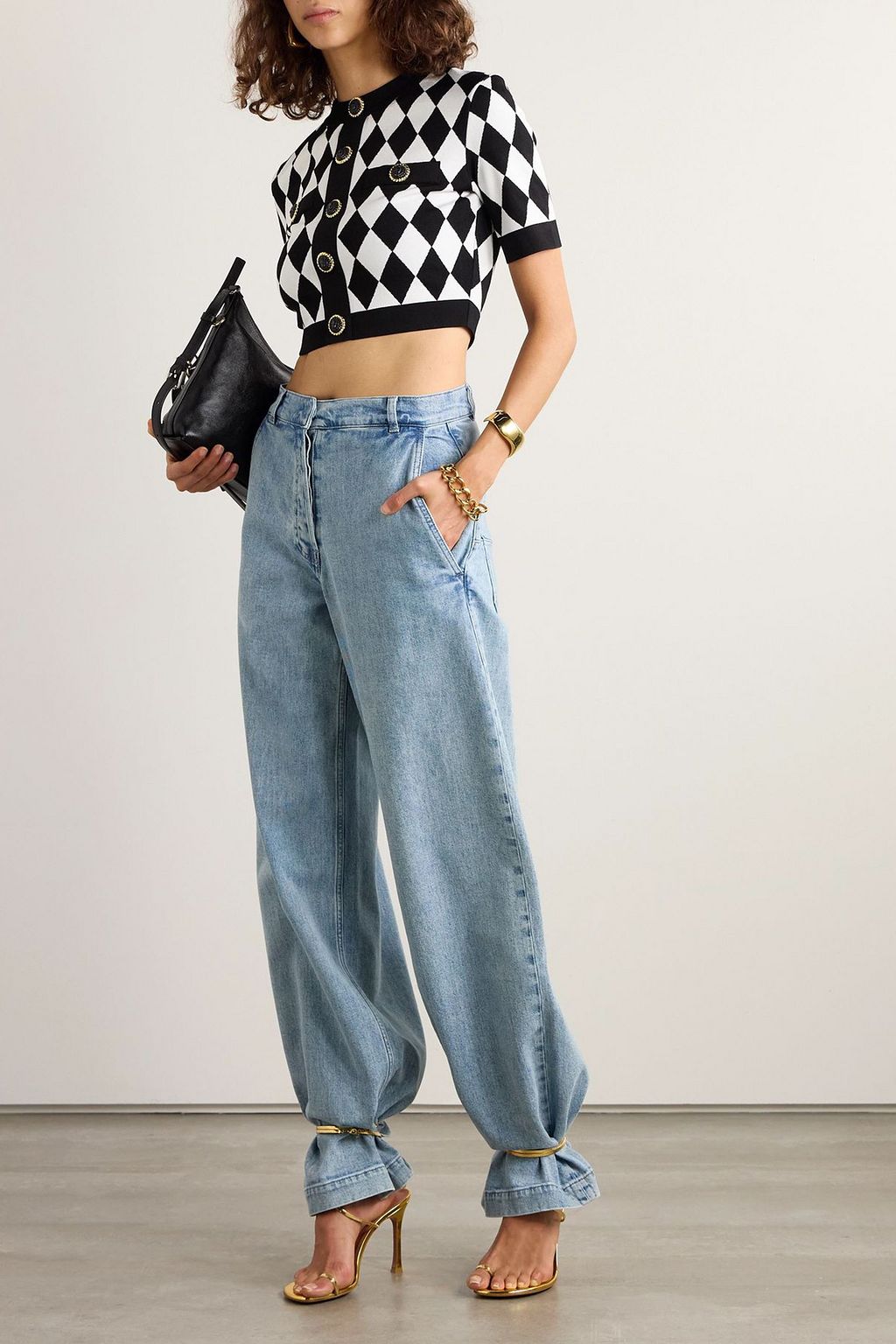 BALMAIN Cropped button-embellished jacquard-knit top