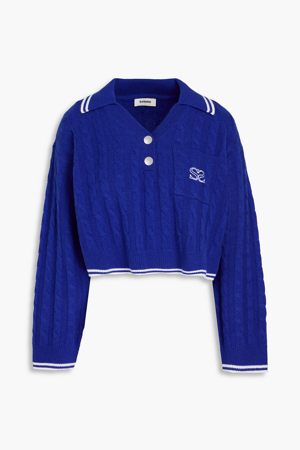 Sandro Cropped Embroidered Wool And Cashmere-blend Polo Jumper In Blue