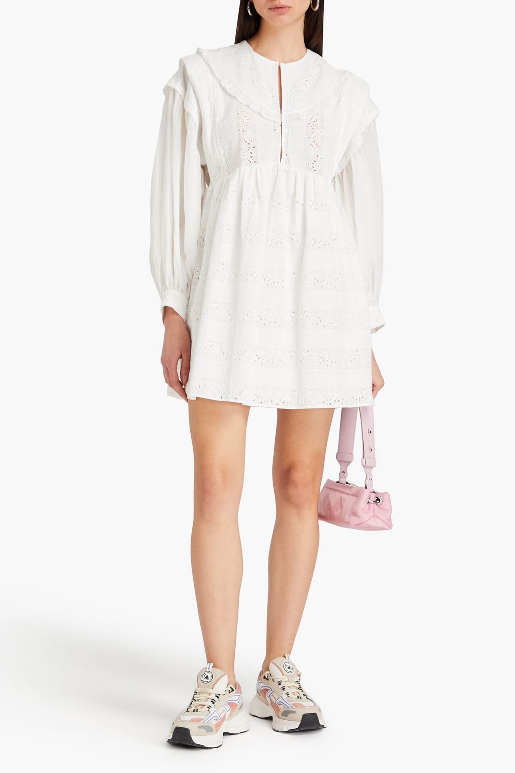 CLAUDIE PIERLOT 러플 장식 브로드리 앙글레즈 코튼 미니 드레스