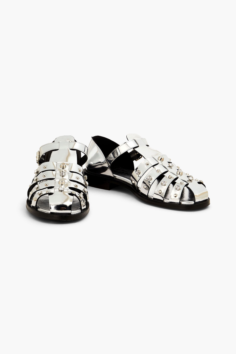 Sandro Embellished Mirrored-leather Sandals In Silver