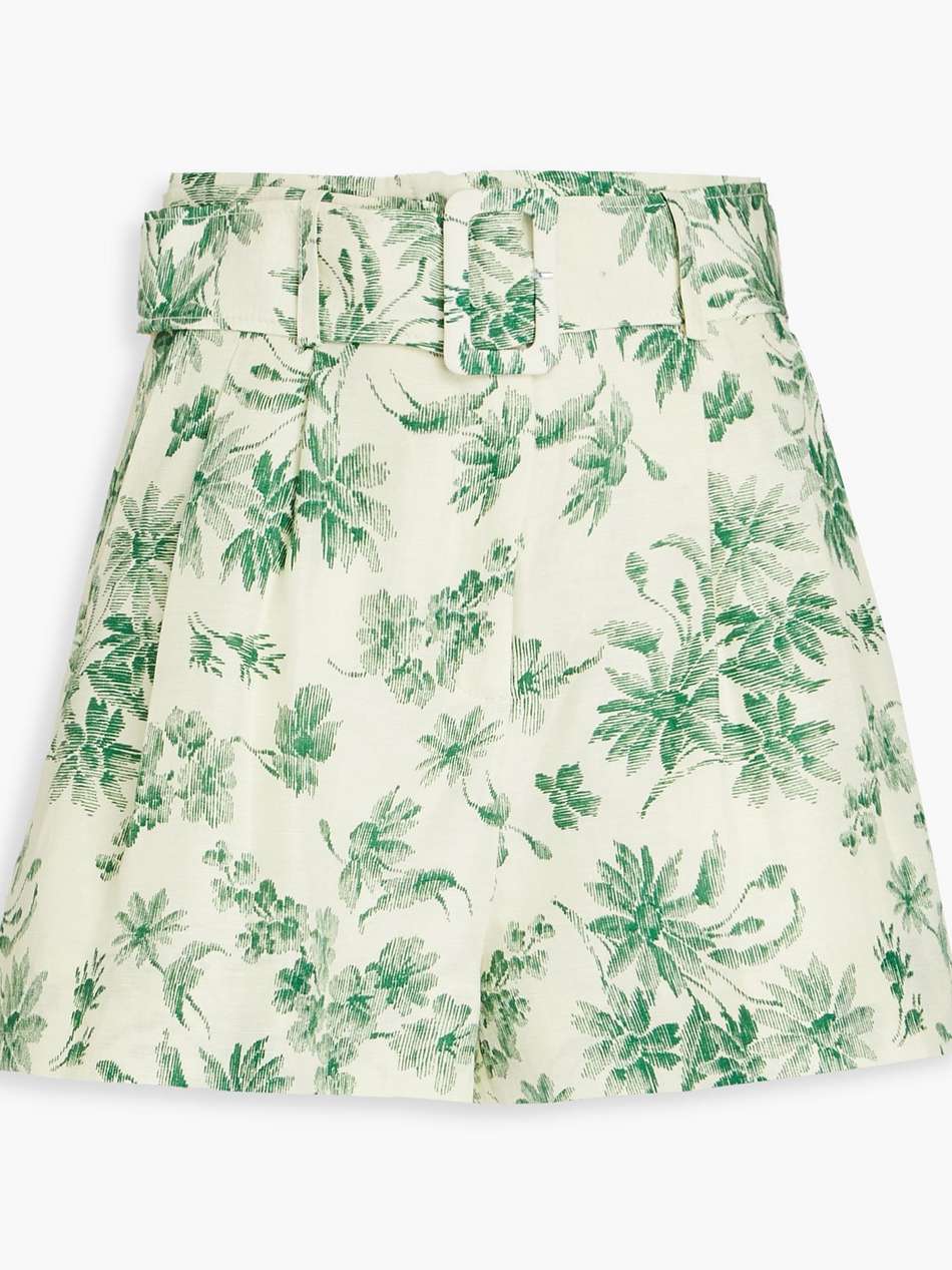 belted floral-print linen-blend shorts