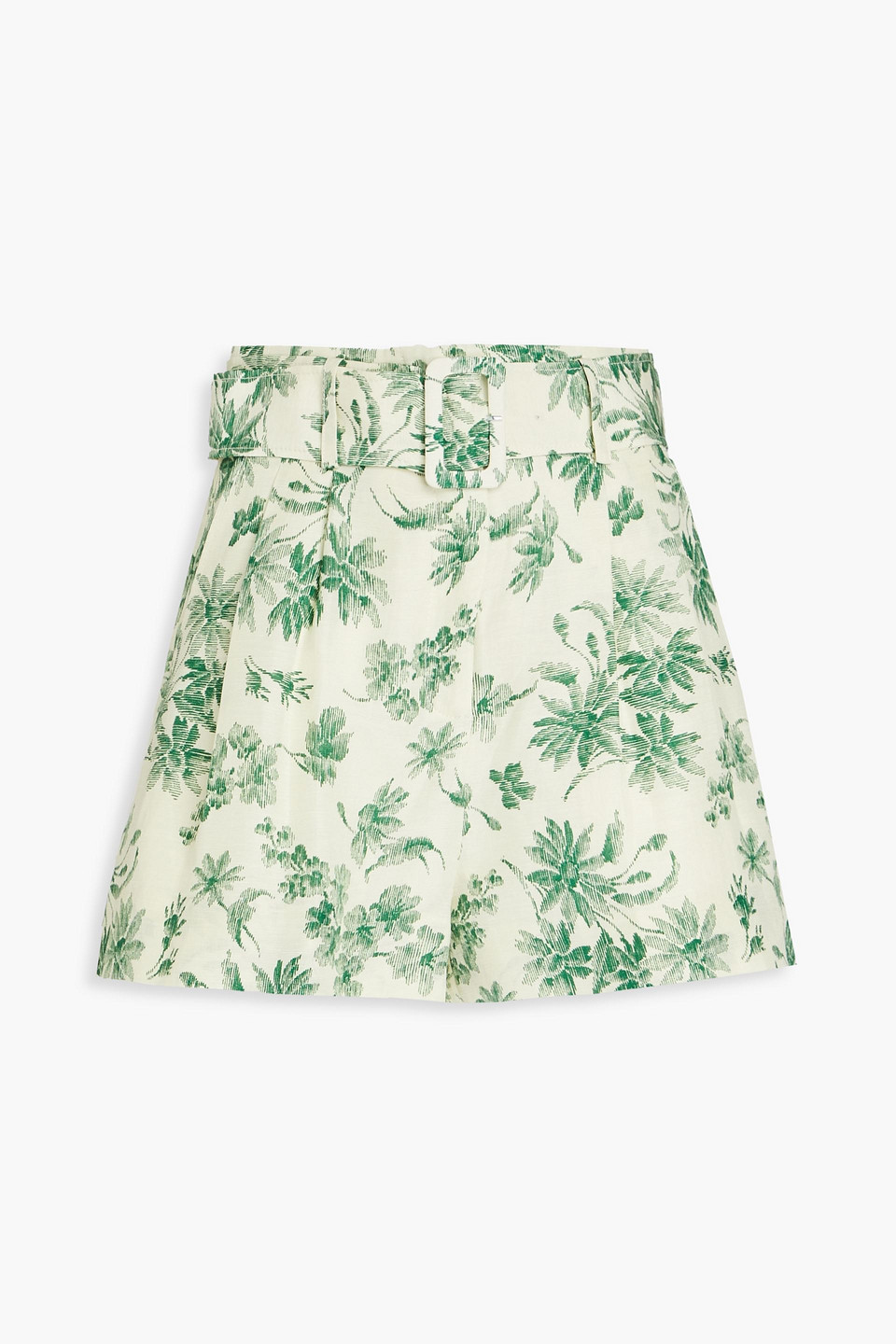 Sandro Leman Belted Printed Linen-blend Shorts In Grün