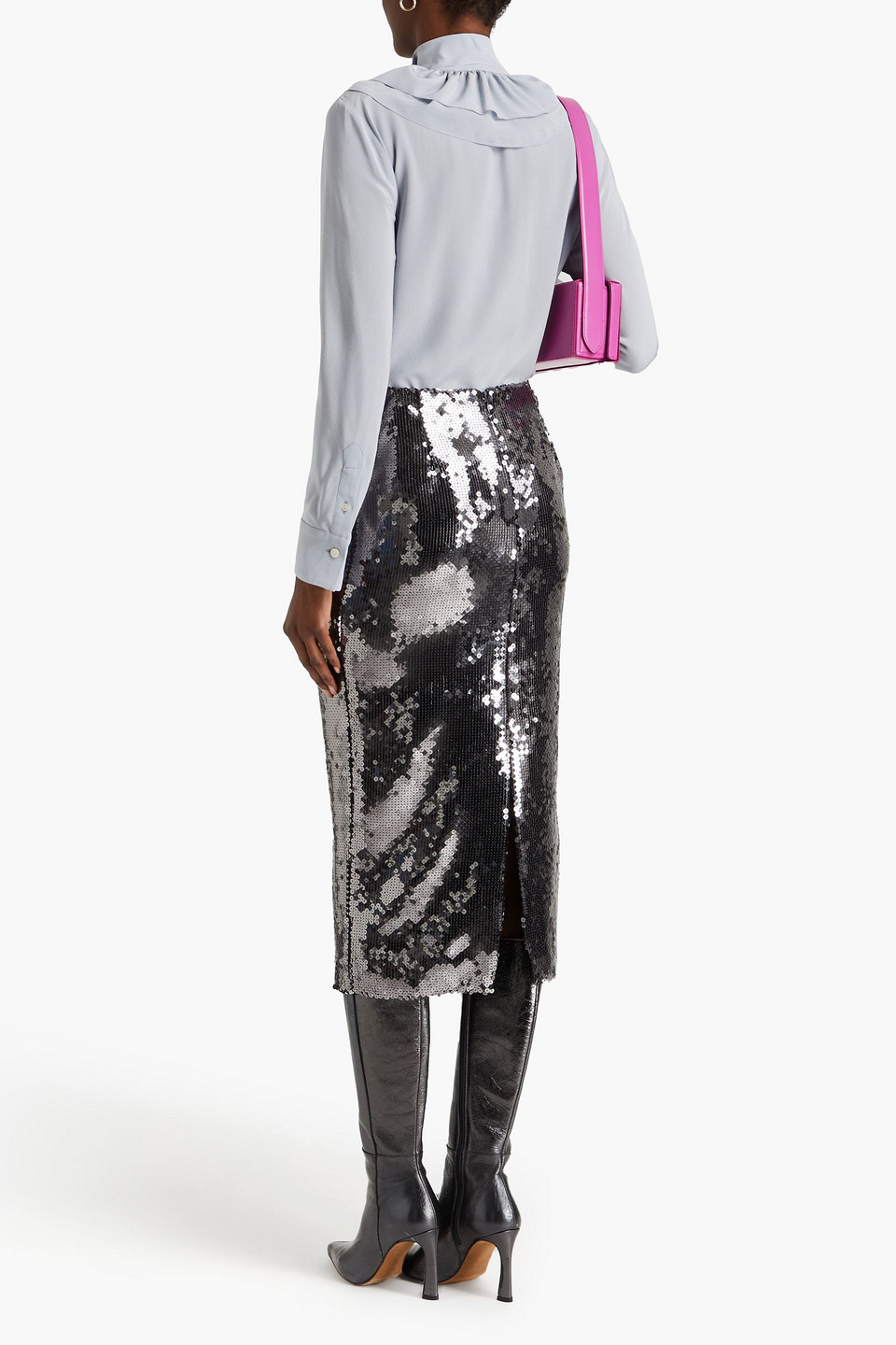 Shop Victoria Beckham Ruffled Silk Crepe De Chine Shirt In Light Gray