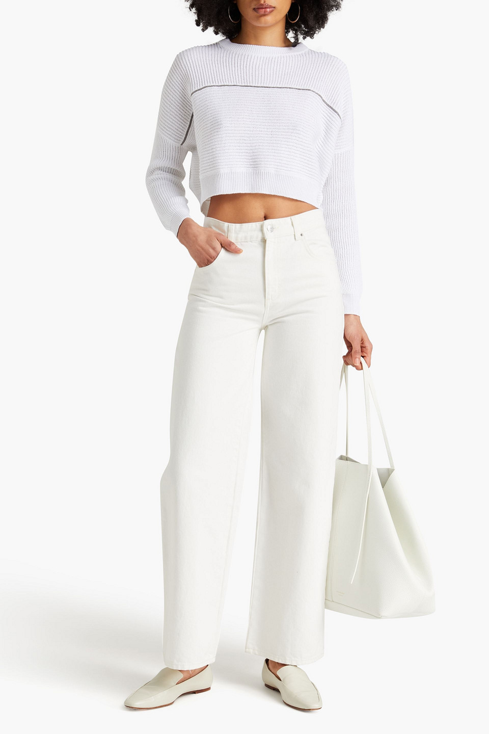 Brunello Cucinelli Cropped Bead-embellished Cotton Sweater In White