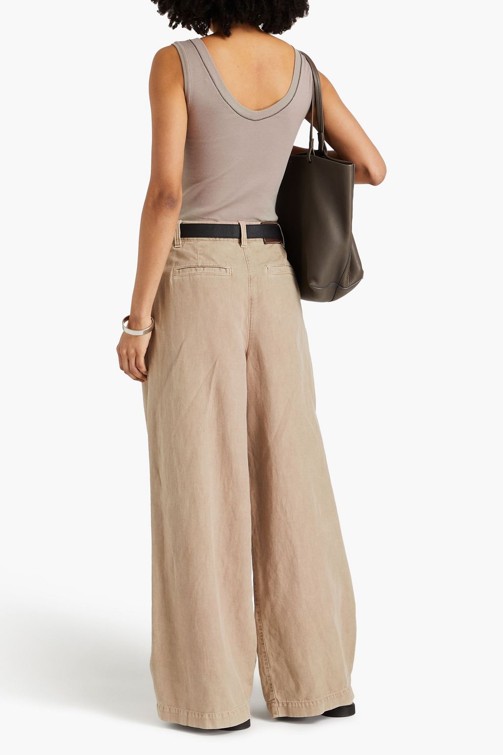 BRUNELLO CUCINELLI Bead-embellished cotton and linen-blend twill wide-leg pants
