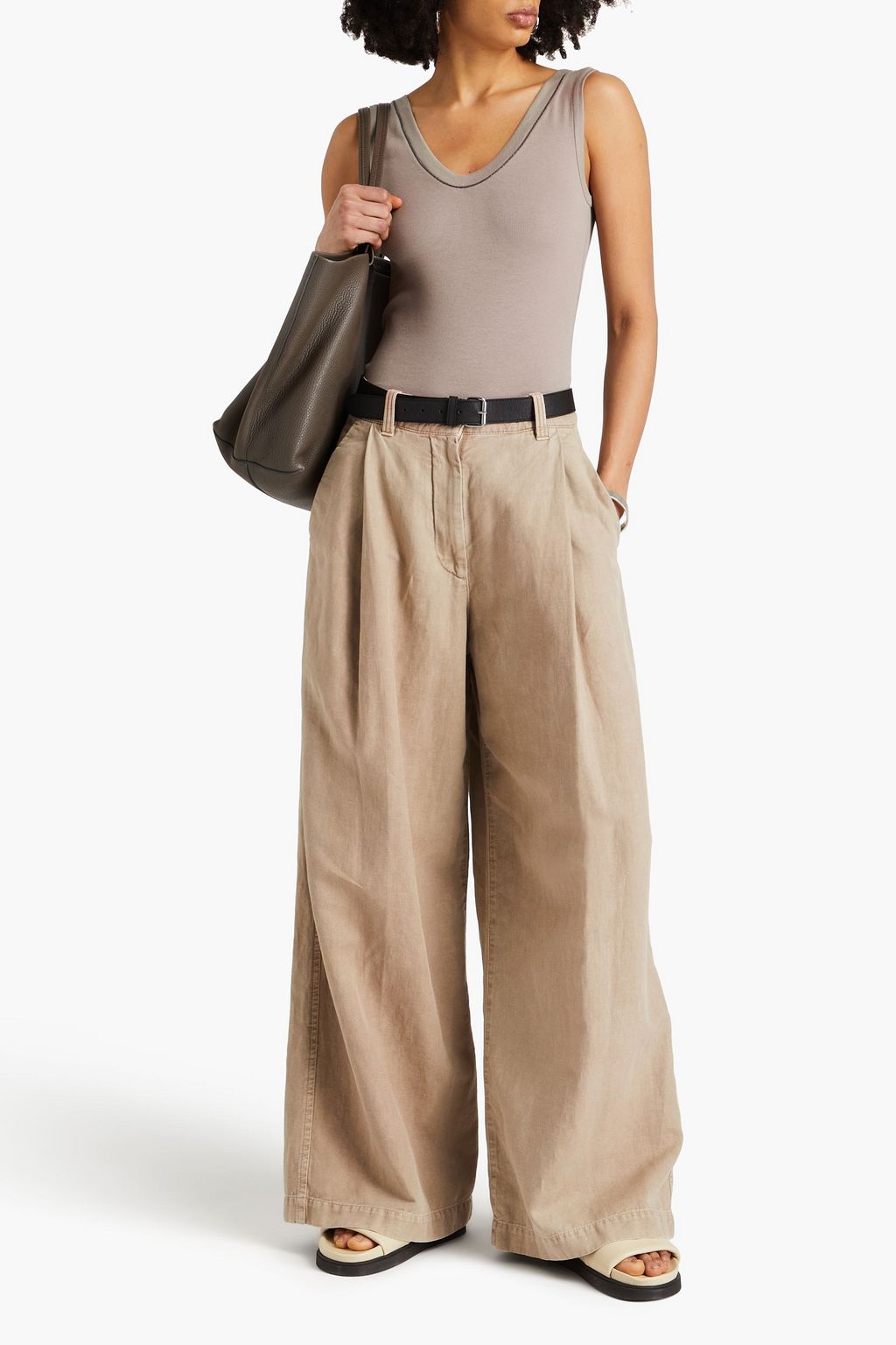 BRUNELLO CUCINELLI Bead-embellished cotton and linen-blend twill wide-leg pants