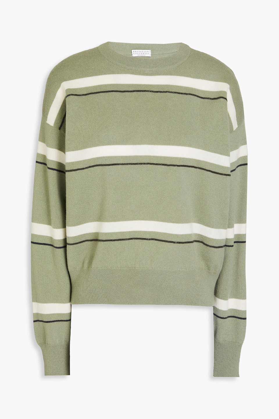 Brunello Cucinelli Bead-embellished Striped Cashmere Sweater In Sage Green