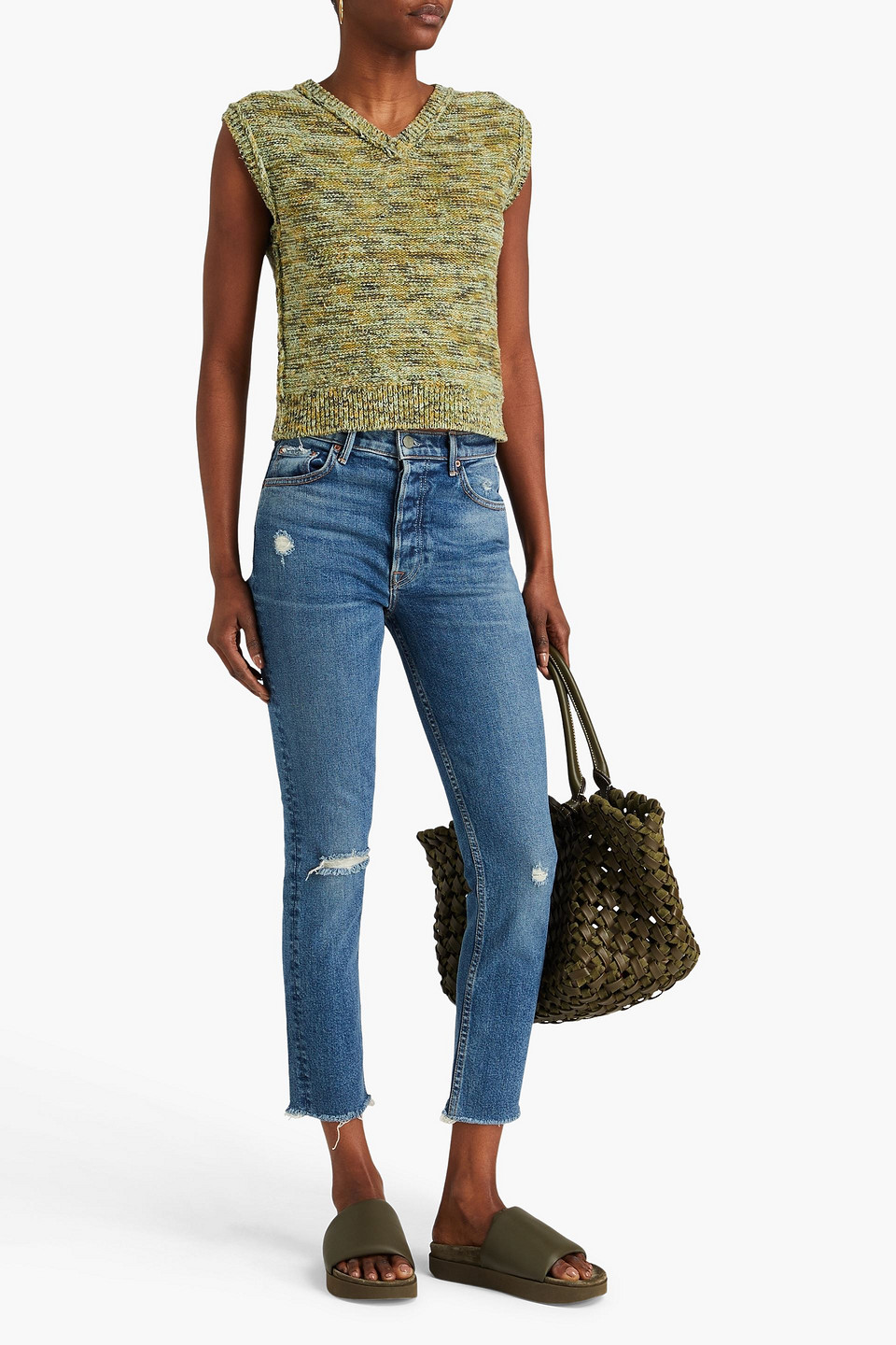 Grlfrnd Distressed High-rise Skinny Jeans In Mid Denim