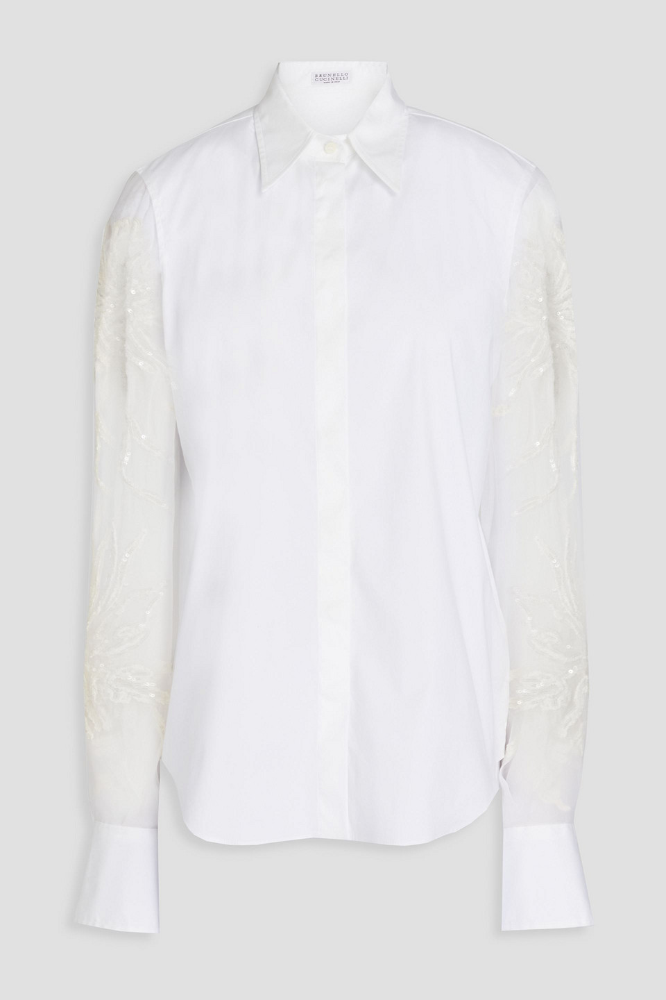 Brunello Cucinelli Sequin-embellished Cotton-poplin And Organza Shirt In Weiss
