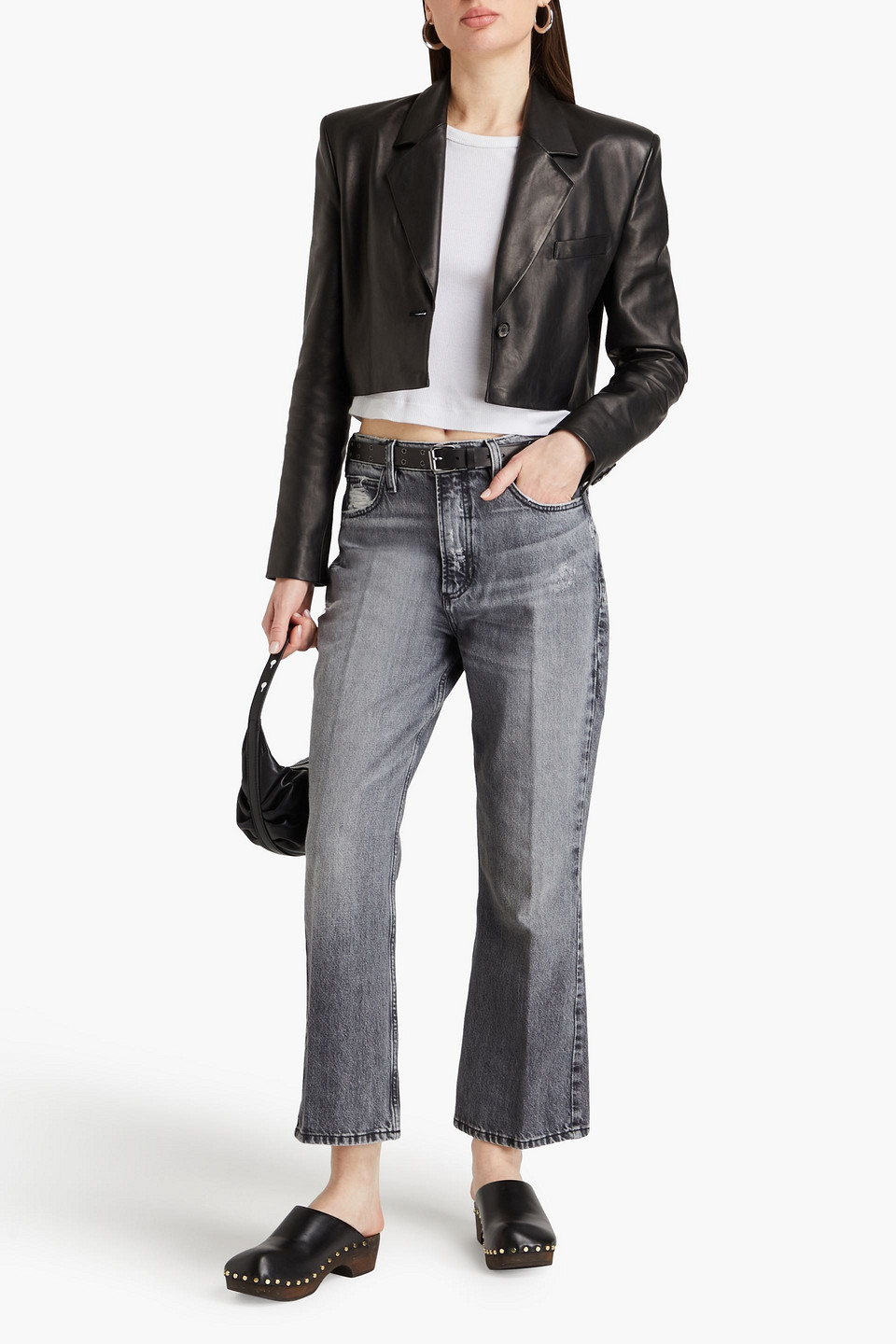 Shop Frame Le High N Tight Cropped Distressed High-rise Bootcut Pants In Gray