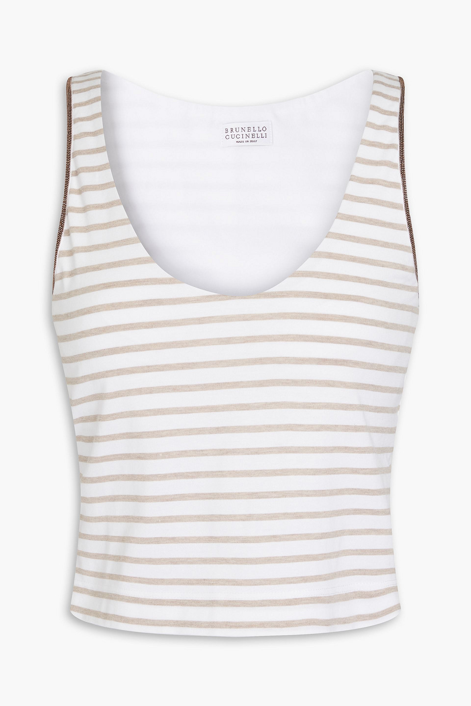 Shop Brunello Cucinelli Bead-embellished Striped Cotton-jersey Tank In Mushroom