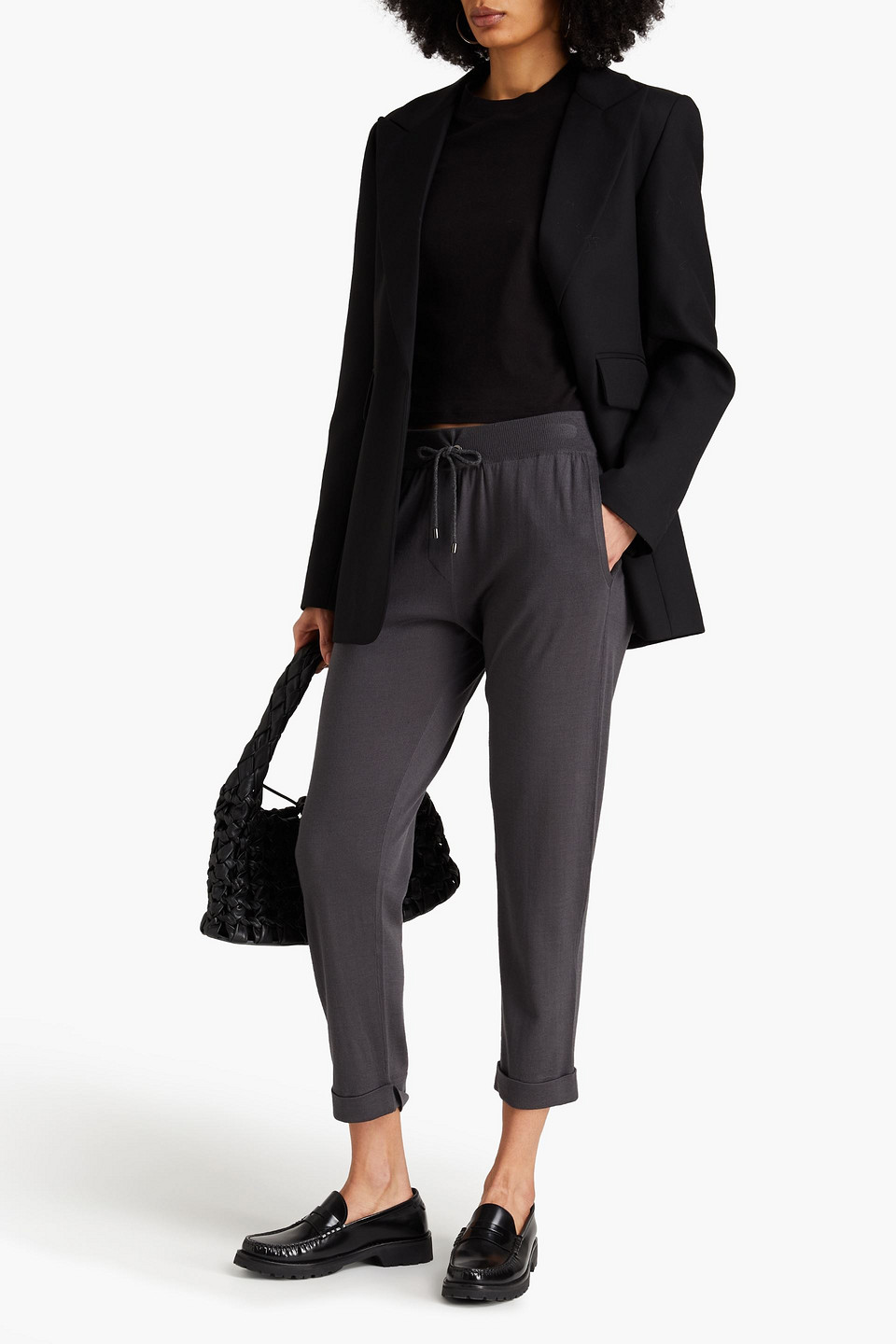 Shop Brunello Cucinelli Cropped Wool And Cashmere-blend Track Pants In Dark Gray