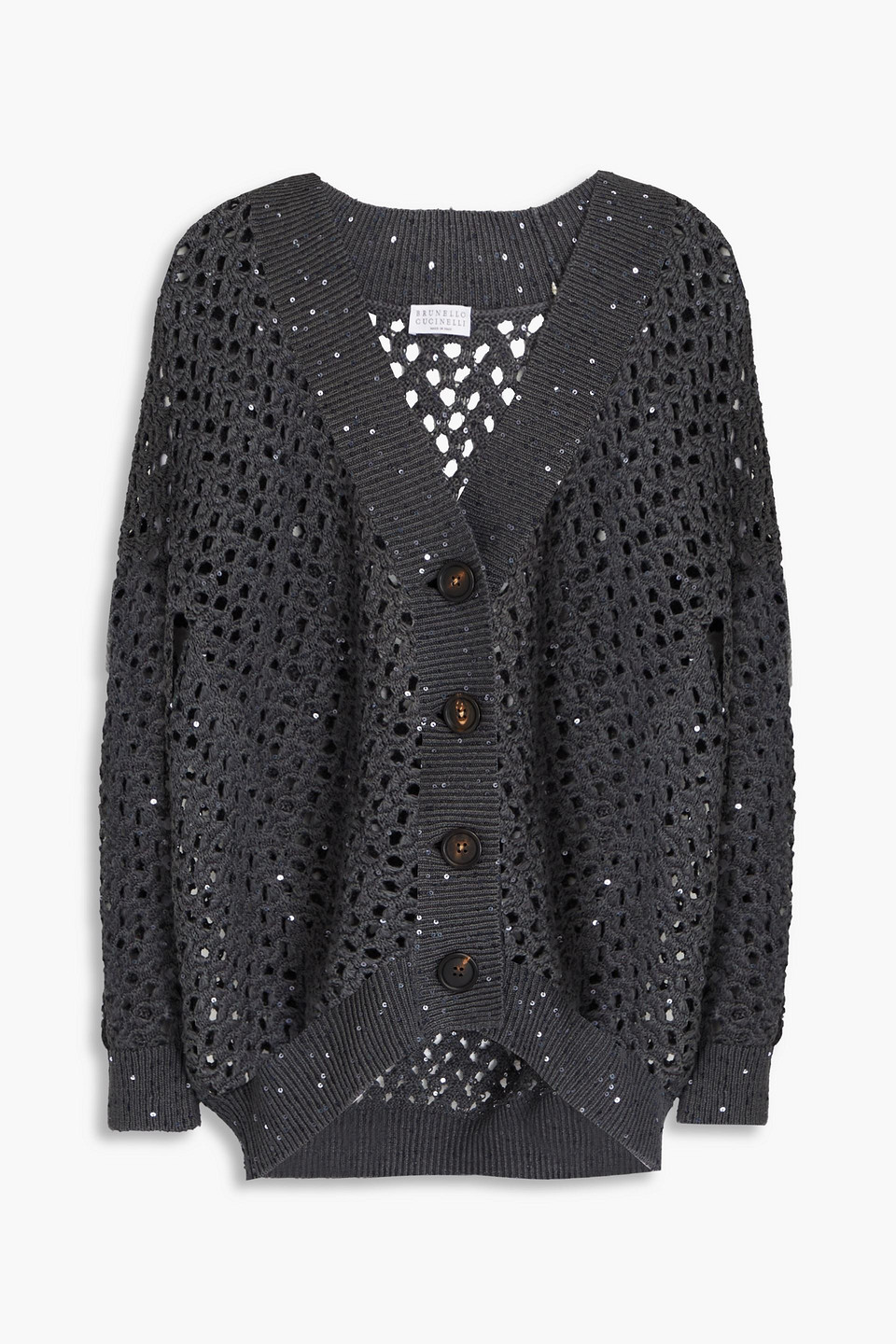 Brunello Cucinelli Sequin-embellished Open-knit Cardigan In Dark Grey