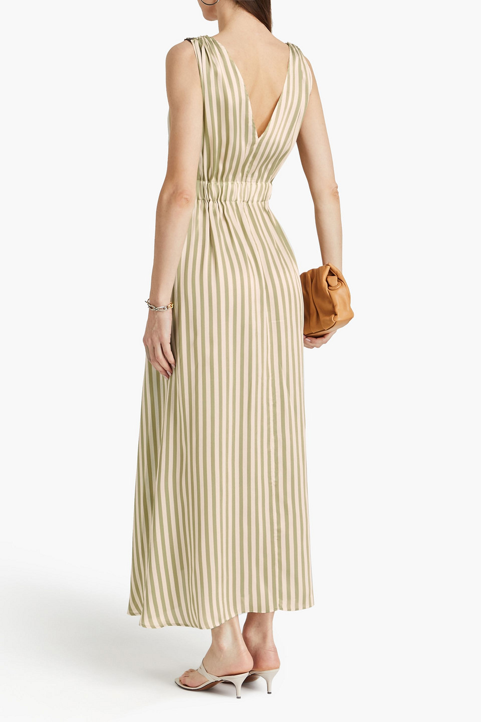Brunello Cucinelli Bead-embellished Striped Satin-twill Maxi Dress In Army Green