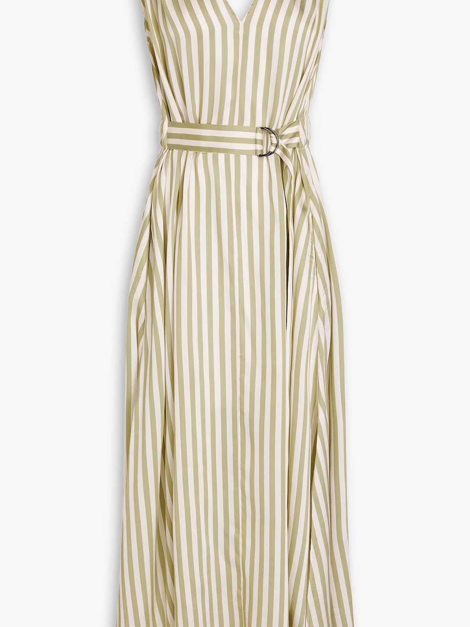 bead-embellished striped satin-twill maxi dress