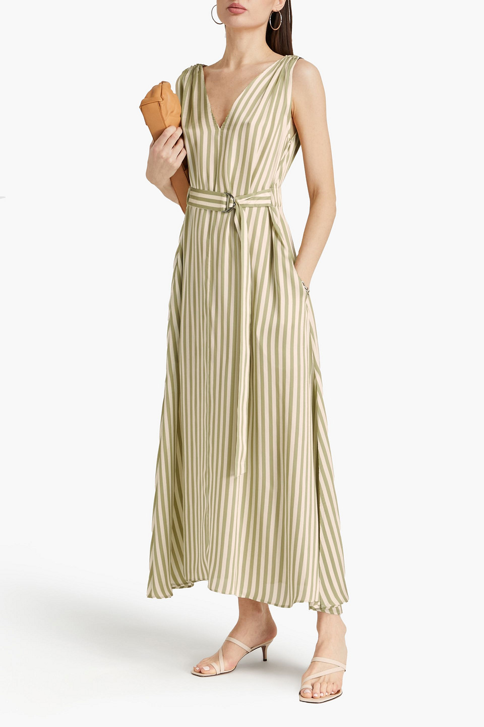 Brunello Cucinelli Bead-embellished Striped Satin-twill Maxi Dress In Army Green