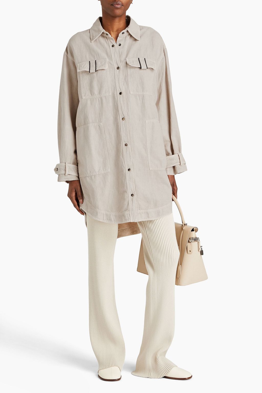 BRUNELLO CUCINELLI شورت من القطن والتويل المصنوع من مزيج الكتان مزين بالخرز