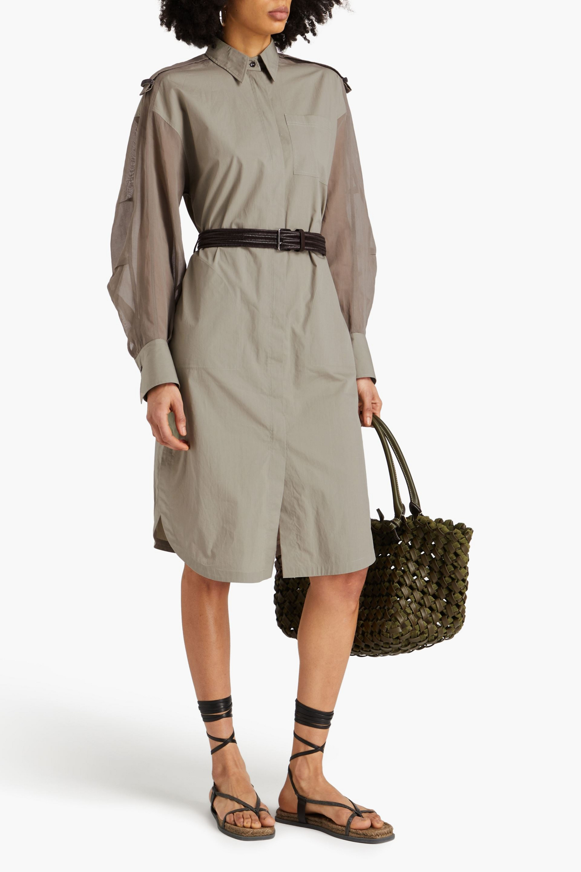 Brunello Cucinelli Organza-paneled bead-embellished cotton-poplin shirt dress