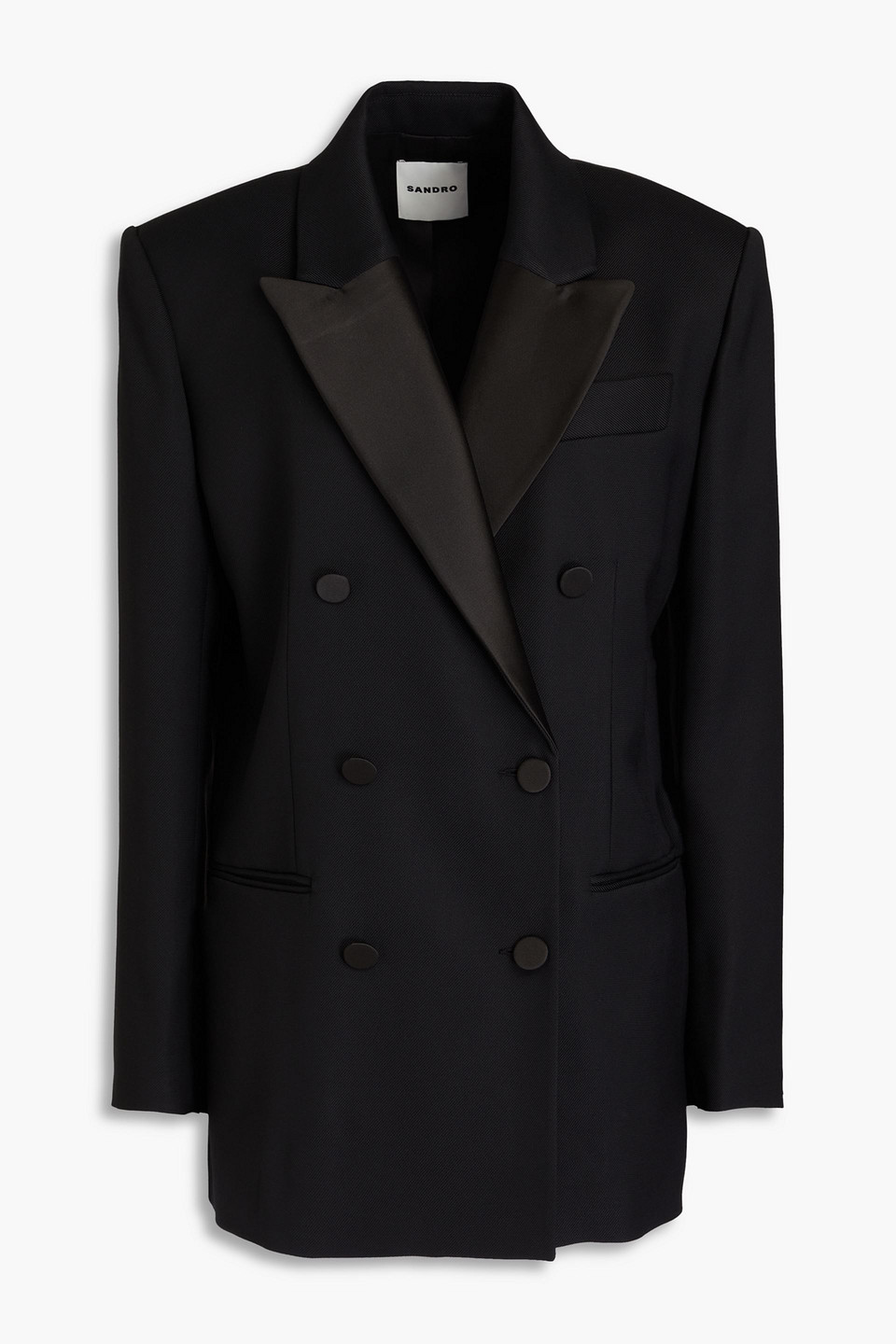 Sandro Double-breasted Satin-twill Paneled Twill Blazer In Black