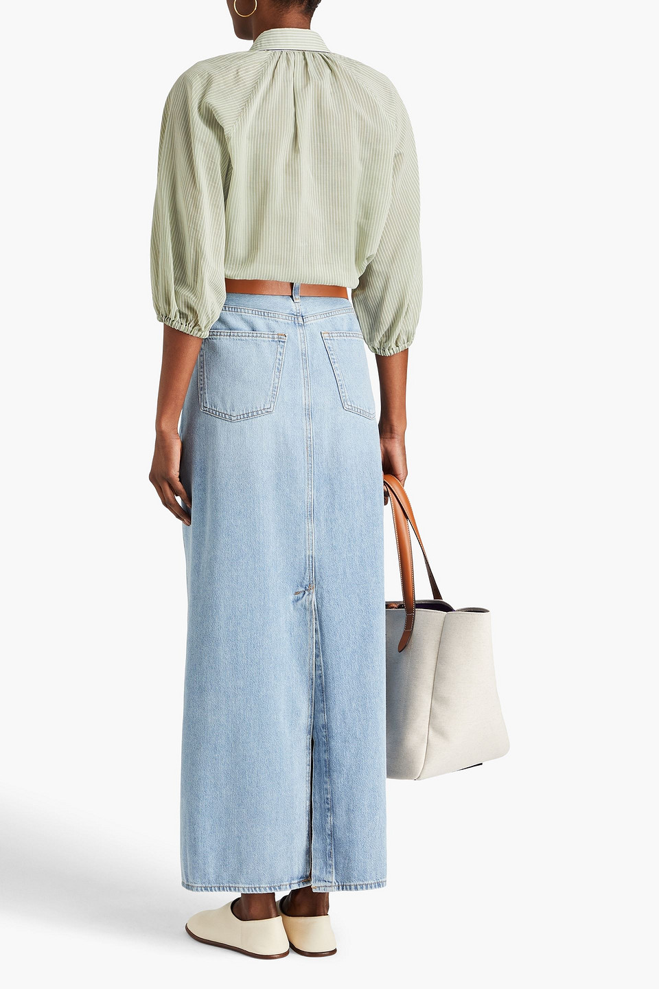 Brunello Cucinelli Bead-embellished Striped Cotton And Silk-blend Shirt In Salbeigrün