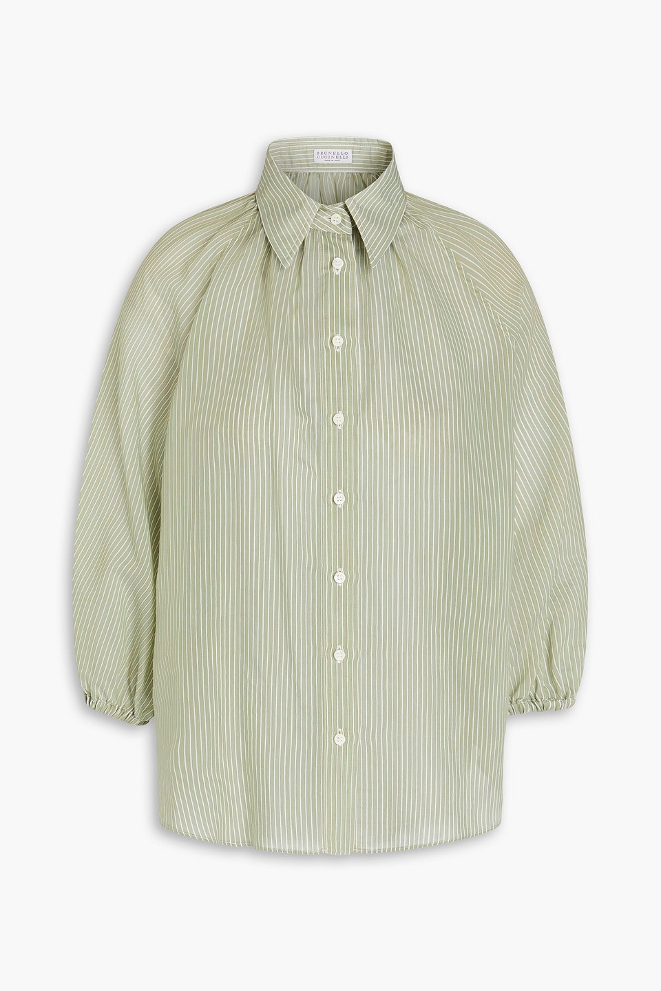Brunello Cucinelli Bead-embellished Striped Cotton And Silk-blend Shirt In Salbeigrün