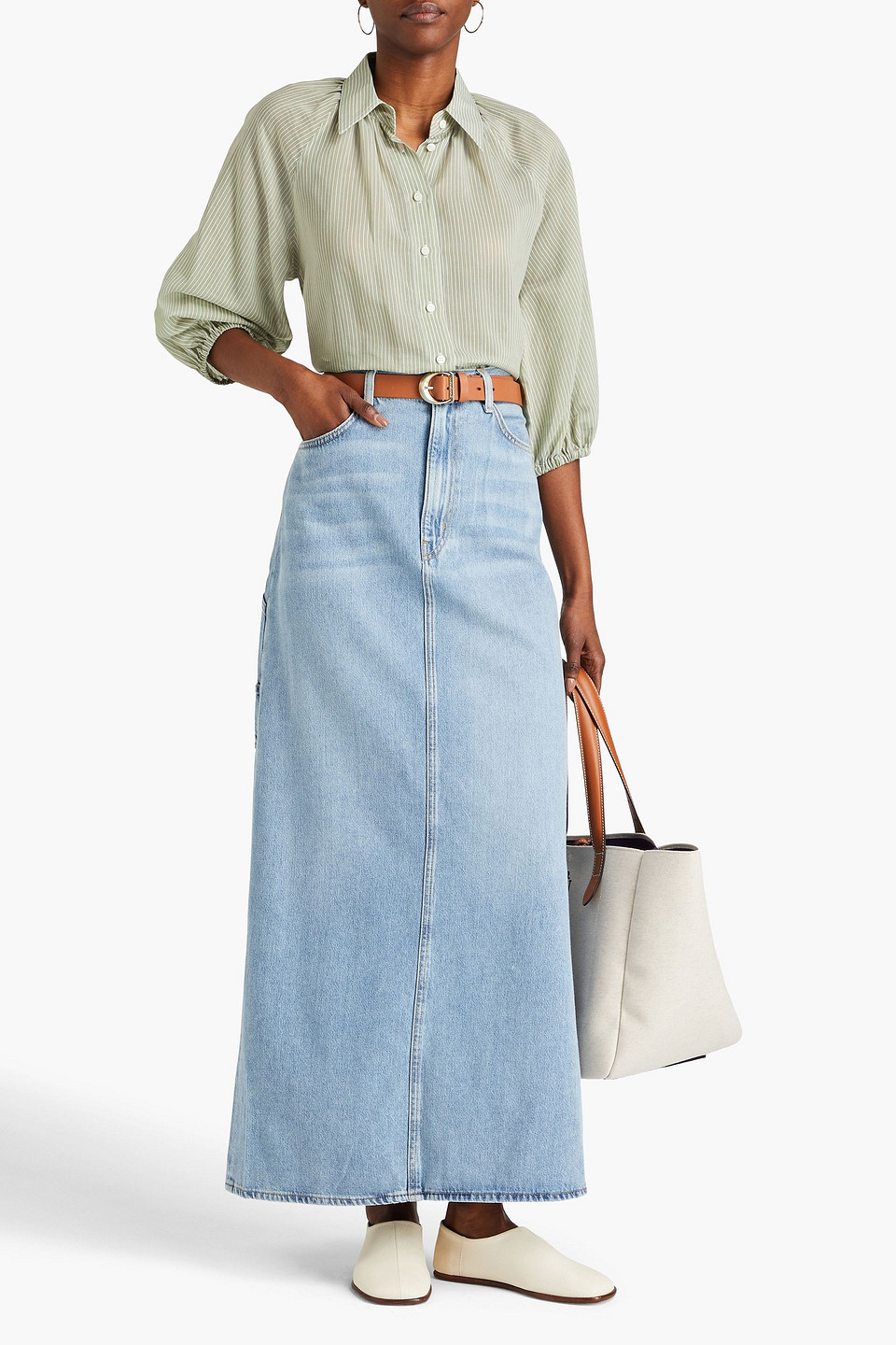 Brunello Cucinelli Bead-embellished Striped Cotton And Silk-blend Shirt In Salbeigrün