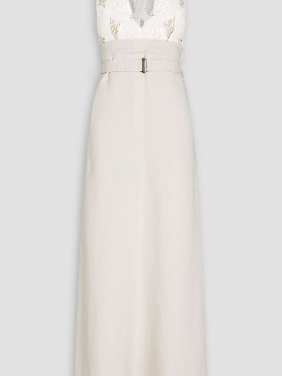 embellished open-knit and twill maxi dress