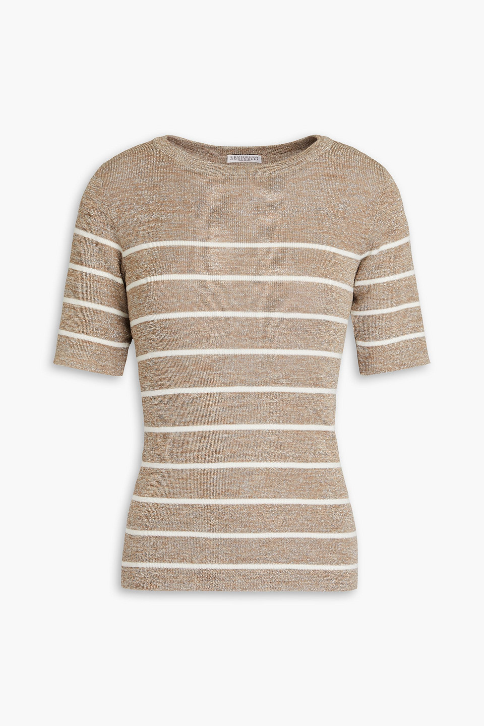 Brunello Cucinelli Lurex Striped Knit Crewneck Top In Mushroom